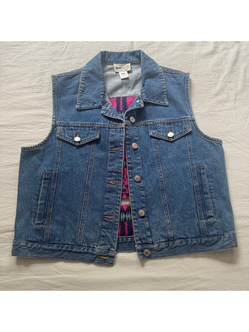 Vintage Pendleton Denim Vest Red Wool Blanket Back Southwestern Western Womens L